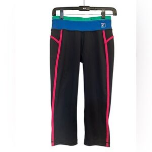 Fila Sport Black Capri Leggings Pink Piping Colorblock Waistband Size XS